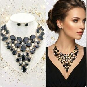 18k gold plated black crystal flower necklace earrings set